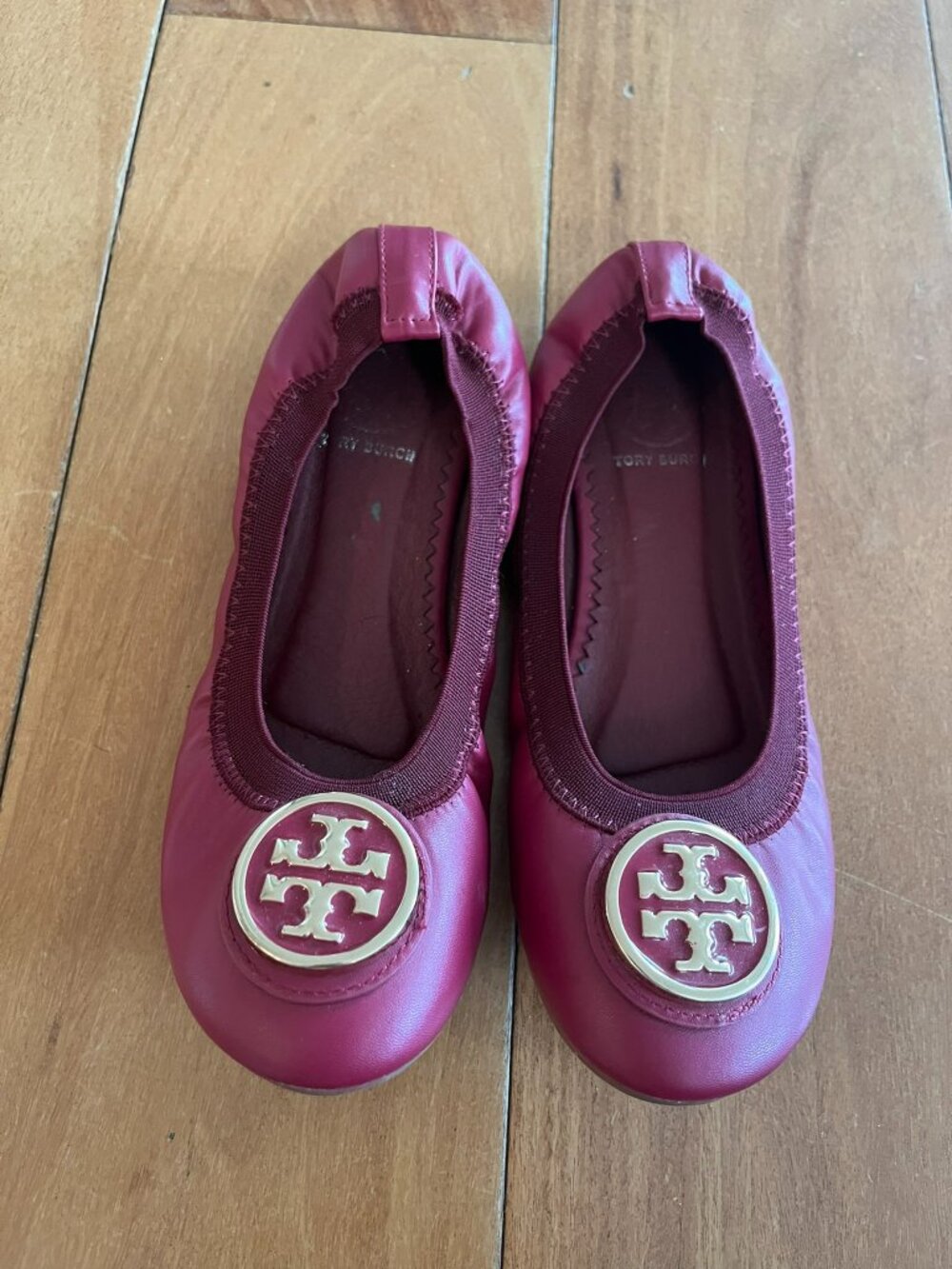 Tory Burch Ballet Slipper Flats Red Gold Preppy Minimalist Size 37 US 6.5 *EUC*